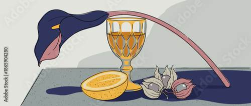 Patterned glass of yellow liquid alongside a dark calla lily, physalis, and lemon in an elegant, hand-drawn still life composition with a muted color palette