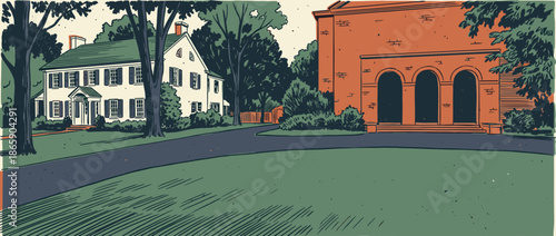 Graphic illustration of a white colonial house and a red brick building on a quiet street with lush green trees in a vintage, hand-drawn artistic style