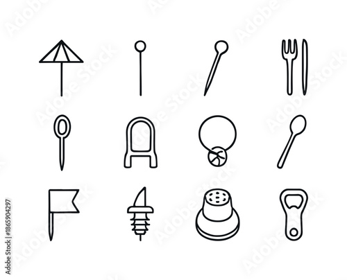 Mini Cocktail Icon Set. Mini Cocktail Accessories. Line icon set of Mini Cocktail Accessories: umbrella, stir stick, toothpick, garnish fork, bamboo skewer,