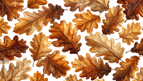 Watercolor oak leaves in warm tones, scattered against dark background