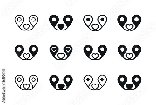 Connected Hearts Logos. Long-distance relationship dynamics. Icon set. Set Logo of long-distance relationship dynamics: two location pins connected by heart