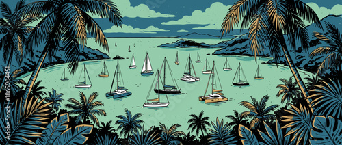Illustrated tropical bay filled with sailboats and catamarans anchored in calm turquoise water, viewed from a lush jungle shore with palm trees in a graphic, retro style