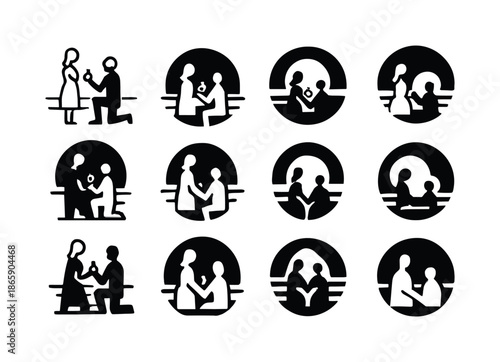 Engagement Logo Variations. Engagement on vacation. Icon set. Set Logo of engagement on vacation: couple with ring at sunset. harmonious logo variations of the