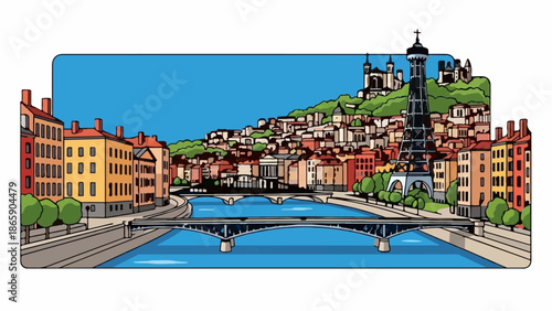 Colorful buildings and a tower overlook a blue river with bridges in a cityscape