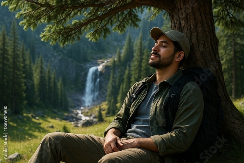 Man relaxing under a tree with peaceful expression, backpack on, surrounded by pine forest and waterfall in background, warm natural light concept. Ai generative