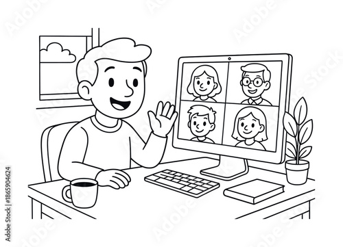 Virtual Meeting Coloring Page. Virtual meeting at home children?s coloring book illustration, outlined drawing, adult waving at a screen with cartoon coworker