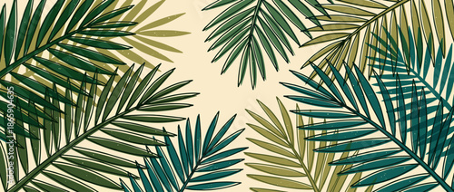Tropical palm leaves illustration in shades of green with bold black outlines and a textured, hand-drawn style creating a natural botanical composition