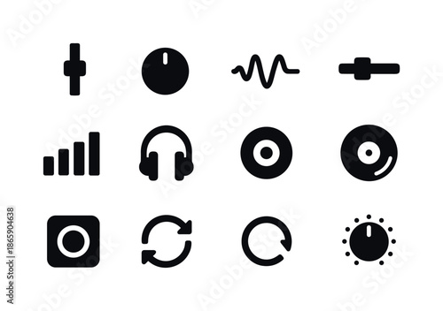 Audio Tools Icons. Mixing tools. Solid icon set of mixing tools: fader, knob, waveform, timeline bar, equalizer, headphone, speaker, vinyl, cue button, sync