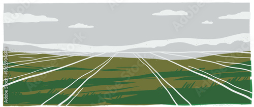 Stylized rural landscape illustration in a minimalist graphic style showing green fields with tracks leading toward distant mountains under a cloudy sky