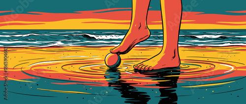 Person's bare feet balancing delicately on a small sphere in shallow water at the beach during a colorful sunset, creating ripples and reflections in a graphic illustration style