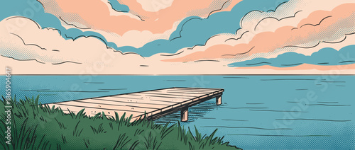 Wooden pier extending over calm blue water in a retro comic book style illustration with a peaceful, cloudy sky and halftone shading creating a nostalgic, serene mood