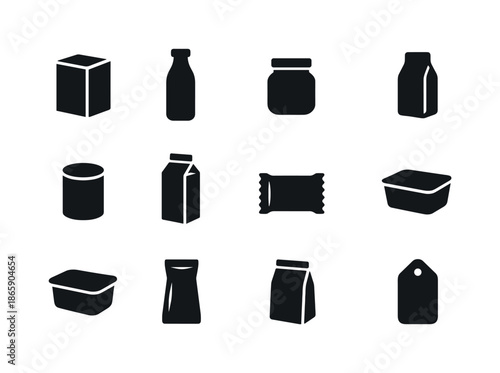 Black Food Packaging Icons. Food packaging. Solid icon set of Food packaging: box, bottle, jar, pouch, can, carton, wrapper, tray, tub, foil pack, paper bag,