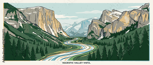 Panoramic illustration of a majestic mountain valley with a winding river, pine forest, and granite cliffs in a vintage, hand-drawn art style