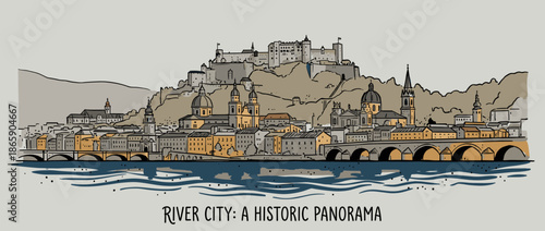 Hand-drawn illustration of a historic European city with a fortress on a hill, ancient buildings, cathedrals, and bridges spanning a wide river in a panoramic view