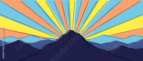 Colorful pop art style illustration of a mountain peak with a vibrant sunburst radiating in yellow, orange, and blue rays across the sky during a beautiful sunrise