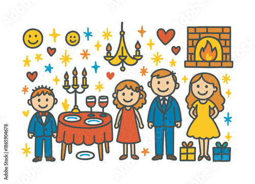 Cheerful Family Gathering. Formal Family Event. Colorful Hand-drawn doodle Children illustration suit and dress, dining table, candles, wine glasses,