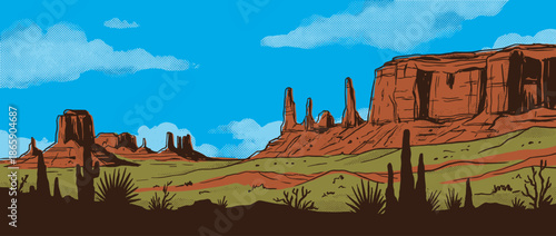Comic book style desert landscape illustration with red rock buttes, mesas, and cacti under a blue sky with halftone clouds in a retro pop art western scene