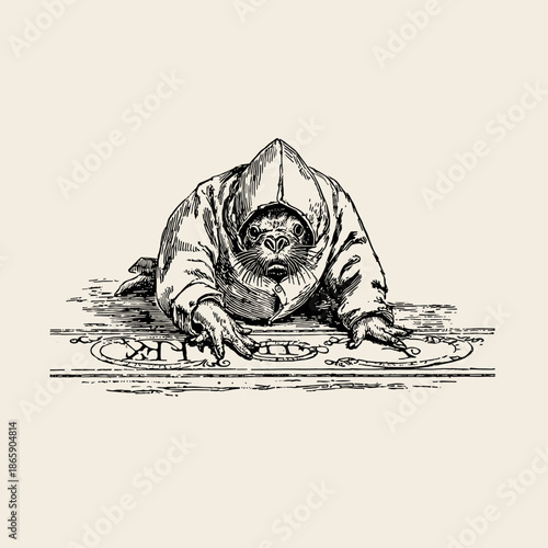 Vintage Illustration of a Monkey Engaged in a Mysterious Ritual