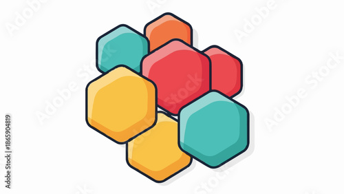 Colorful, overlapping geometric hexagons form an abstract cluster on a white background