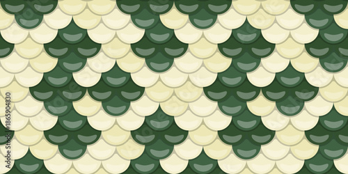 Seamless pattern of overlapping scales in cream and forest green.  Elegant, textured design evokes nature, luxury, and protection. Ideal for fashion, websites, or packaging.