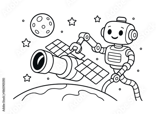 Space Robot Coloring. Robotic maintenance in orbit children?s coloring book illustration, outlined drawing, friendly robot arm fixing a telescope panel in