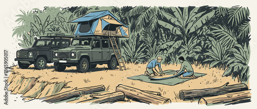 Two off-road vehicles with a rooftop tent at a jungle campsite where a couple is waxing a surfboard, depicted in a cool, graphic illustration style with bold lines