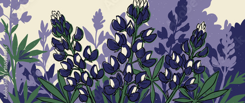 Bluebonnet lupine flowers with dark green leaves in a hand-drawn graphic illustration style, showcasing purple and blue petals with bold black outlines and a textured, artistic feel