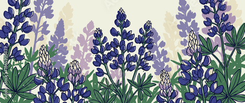 Hand-drawn blue and purple lupine flowers in a panoramic field illustration with green leaves and soft pastel silhouettes, creating a charming botanical pattern