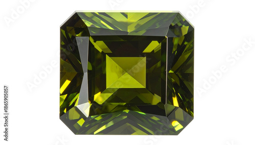 A vibrant square-cut gemstone, a rich emerald-green color