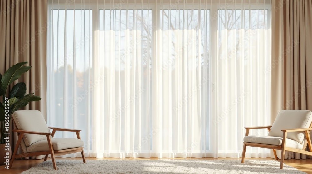 Fototapeta premium Contemporary open plan interior featuring elegant off-white curtains. Soft diffused daylight, neutral palette and premium textile decor for modern luxury living spaces