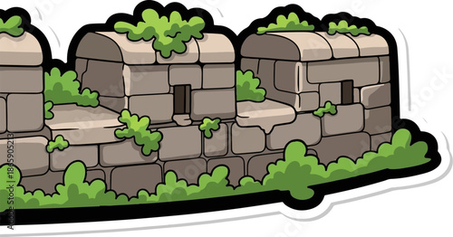 Ancient stone wall with patches of green vegetation and small openings