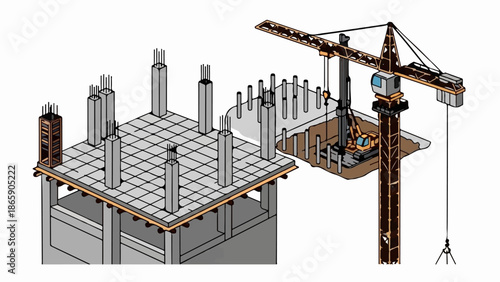 Construction site with crane, excavator, and building framework