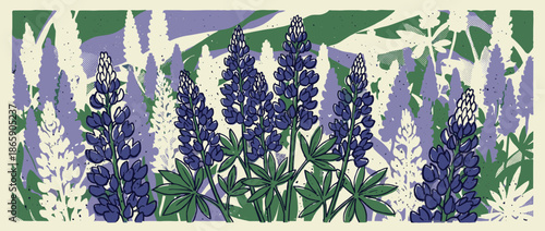 Stylized graphic illustration of blue lupine flowers in a wild meadow, depicted with bold outlines, a limited color palette, and a retro screen print texture