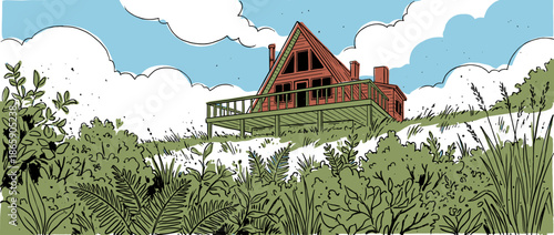 Rustic red wooden A-frame cabin with a green deck sits on a grassy hill surrounded by lush foliage in a graphic comic book style illustration