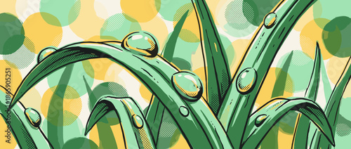 Green grass blades with shiny dew drops are depicted in a vibrant, pop art comic book style illustration with bold outlines and halftone textures for a fresh, modern feel