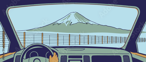Illustrated view from inside a car driving towards a large snow-capped mountain on a scenic road trip, with the dashboard and steering wheel visible in a flat graphic style
