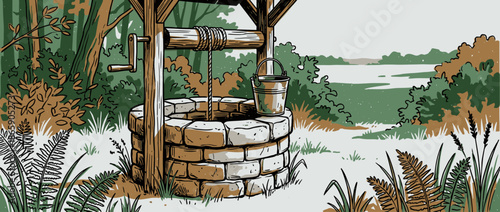 Old stone and wood water well with a bucket and rope stands in a rustic forest clearing in a hand-drawn graphic illustration style with bold outlines and a limited color palette