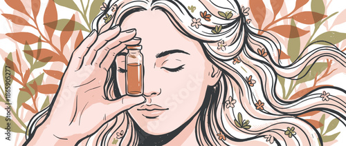 Hand-drawn illustration of a serene woman holding a small bottle of essential oil to her forehead, with flowers in her wavy hair for a natural beauty concept