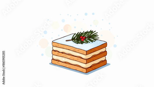 Festive layered cake with a sprig of pine and berries, on a white background
