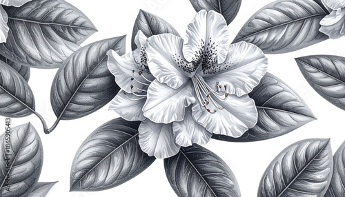 Detailed grayscale floral pattern with stylized flowers and leaves on black
