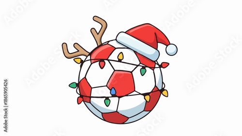 Festive soccer ball with reindeer antlers, Santa hat, and colorful lights