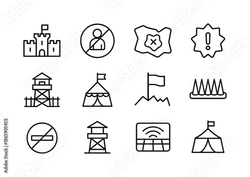 Enemy Territory Icons. Enemy territory. Line icon set of Enemy territory: enemy base icon, restricted zone sign, red zone map, danger area symbol, guarded