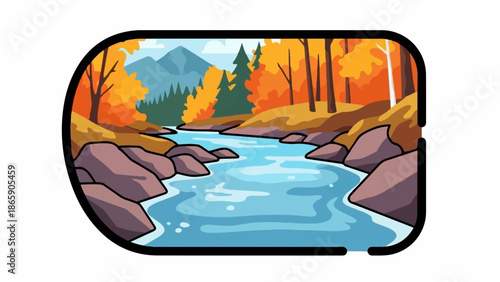 Autumn river winding through rocks and colorful trees, with distant mountains