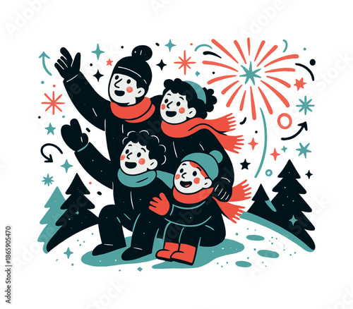 Colorful Firework Celebration. Family fireworks. A family wrapped in scarves watches a colorful sky show from a snowy hilltop. Sparkles reflect in their eyes