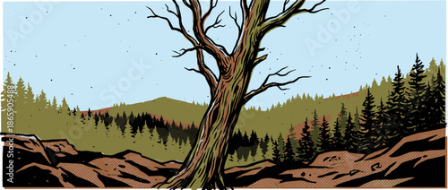 Gnarled leafless tree with textured bark stands in a hilly forest landscape in a graphic woodcut illustration style with a limited color palette and halftone details