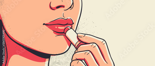 Close-up pop art illustration of a woman applying hydrating lip balm to her red lips in a retro comic book style with bold outlines and halftone dot shading for a beauty concept