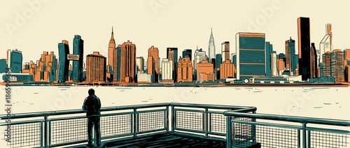 Graphic illustration of a lone person standing on a pier, looking at a modern city skyline with skyscrapers across the water in a comic book art style