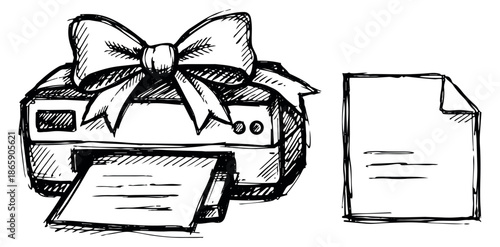 Hand drawn line art office set featuring a printer with a bow and a document for technology gifts