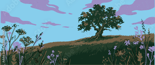 Stylized landscape illustration of a solitary oak tree standing on a grassy hill with wildflowers in the foreground, depicted in a rustic, hand-drawn vector art style