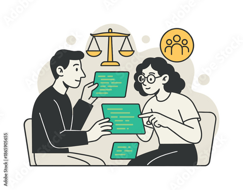 Ethical Code Analysis. Ethical code review. Developers analyze glowing code blocks while justice scales and community icons float in their workspace. Modern